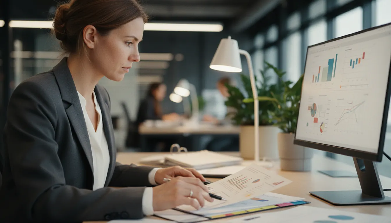 Professional reviewing documents and computer screen at modern office desk