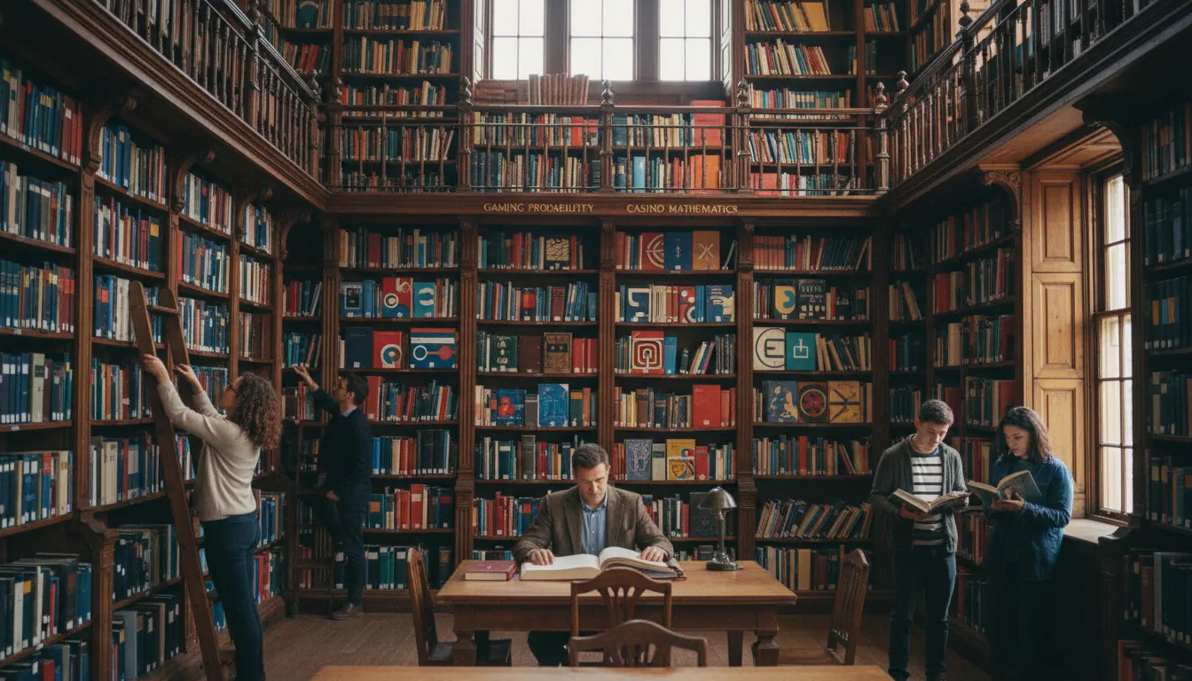 Library shelves with specialized books about gaming probability and casino mathematics