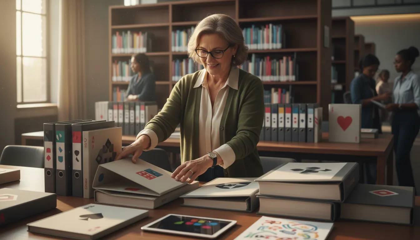 Library manager organizing specialized casino gaming collection materials