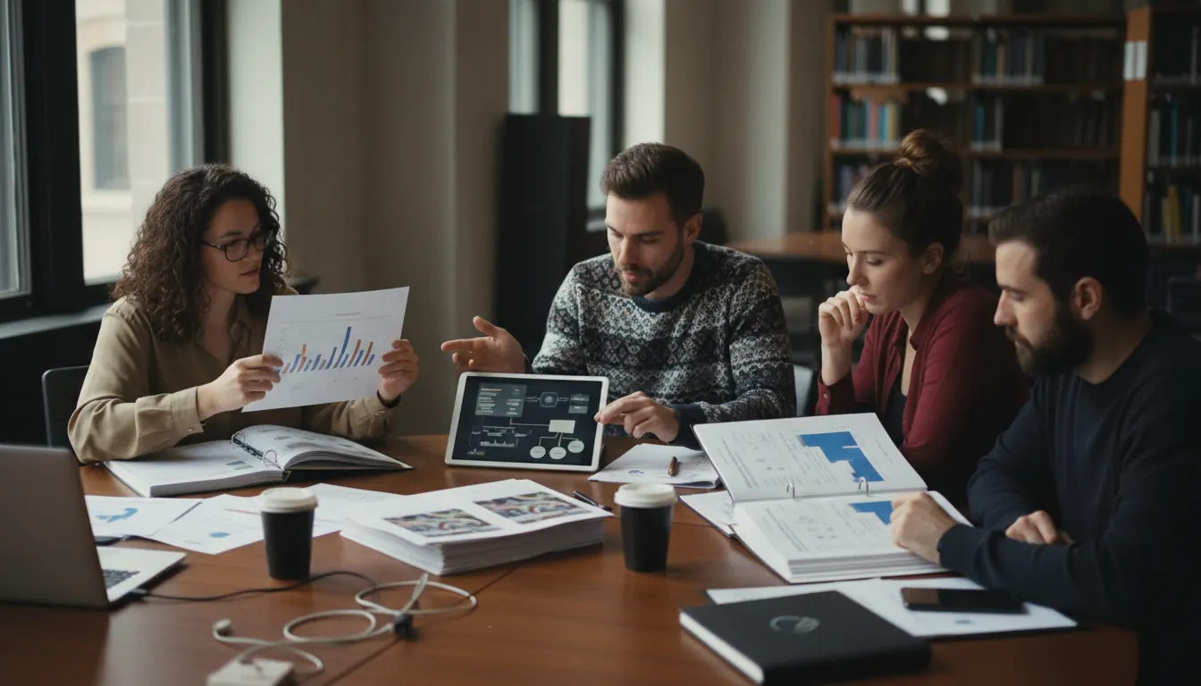 Library staff reviewing budget documents and technology proposals at meeting table