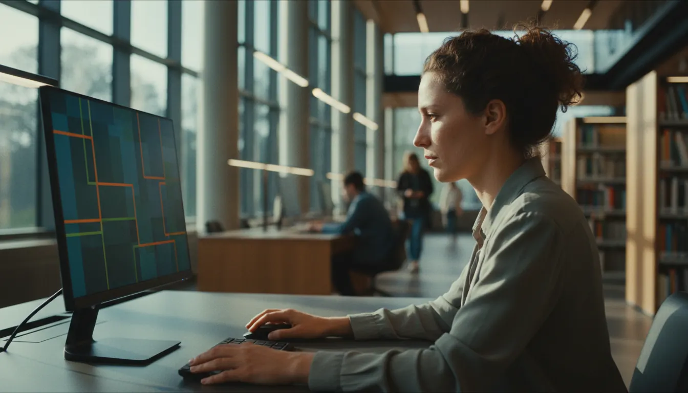 Person browsing digital library catalog on computer screen in modern library