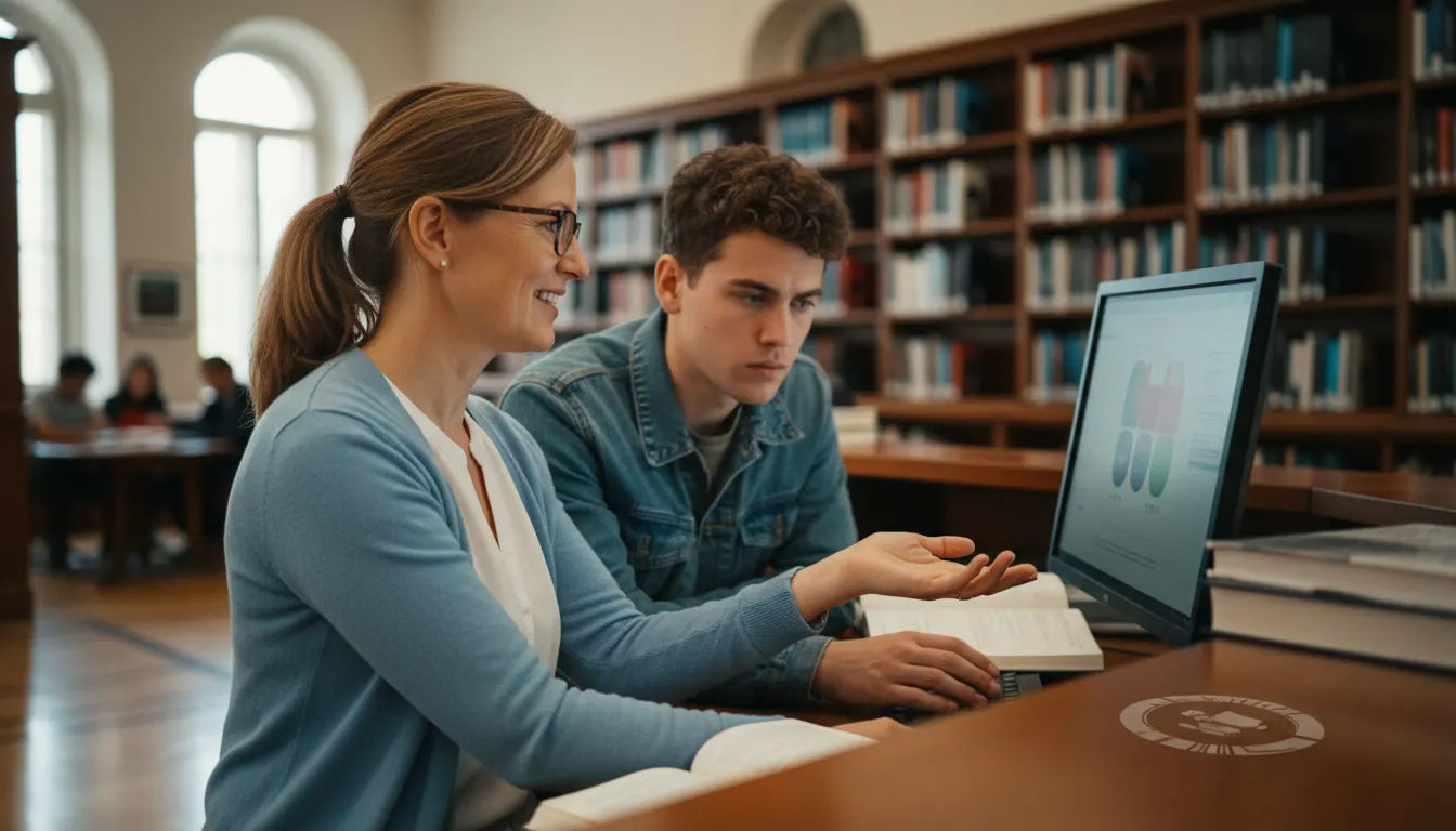 Library staff member helping patron find resources at information desk