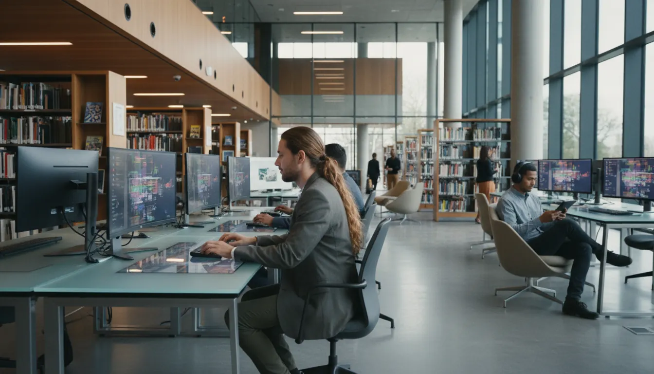 Modern library interior with patrons using computers and digital resources
